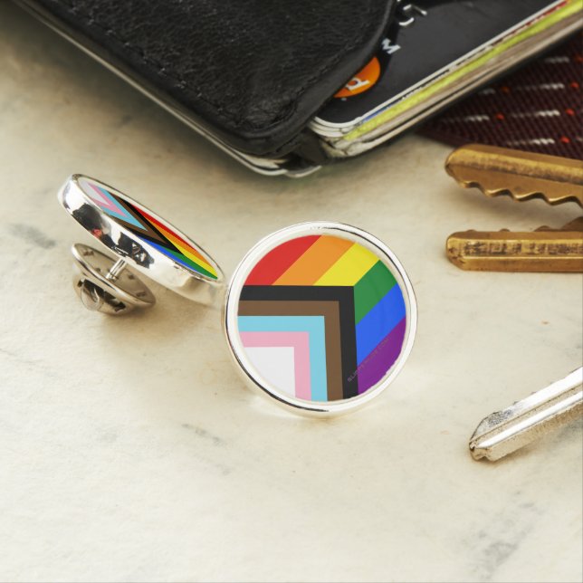 SlipperyJoe's Progress Pride Flag six classic hori Lapel Pin (In Situ)