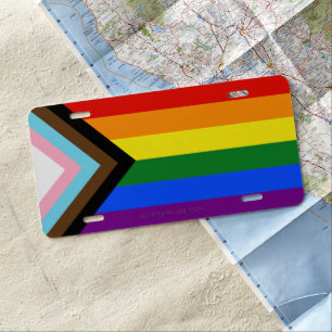 SlipperyJoe's Progress Pride Flag six classic hori License Plate