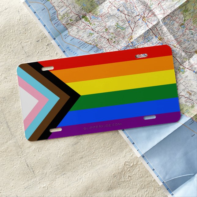 SlipperyJoe's Progress Pride Flag six classic hori License Plate (In Situ)