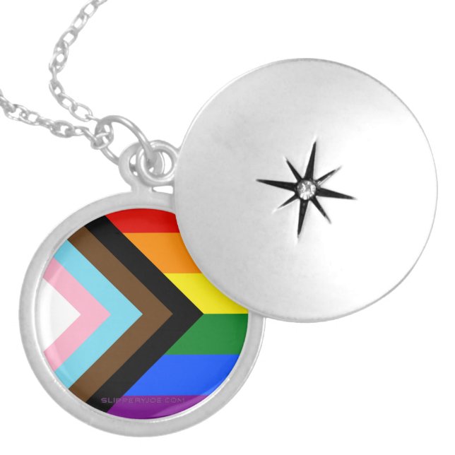 SlipperyJoe's Progress Pride Flag six classic hori Locket Necklace (Front)