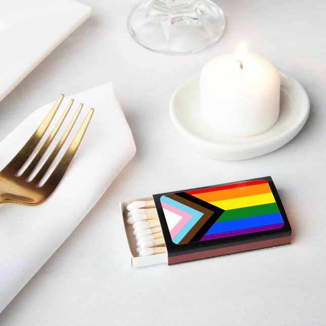 SlipperyJoe's Progress Pride Flag six classic hori Matchboxes (Insitu)