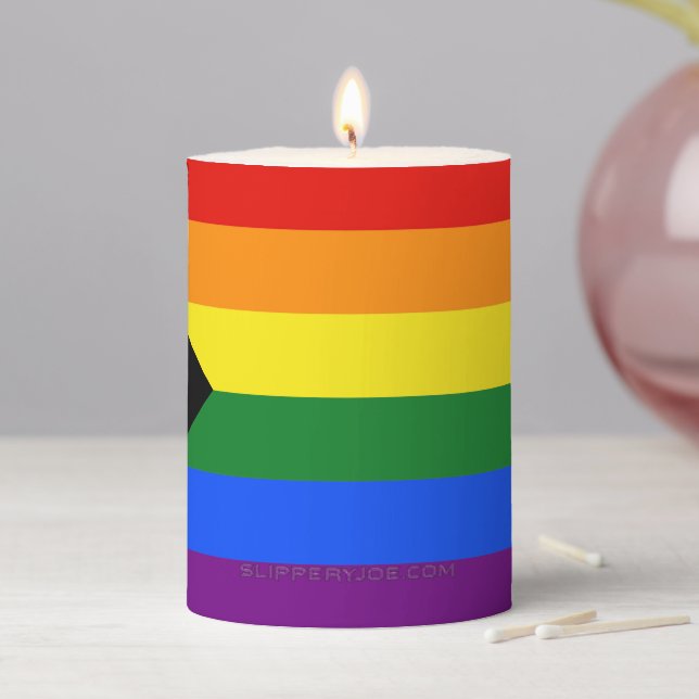 SlipperyJoe's Progress Pride Flag six classic hori Pillar Candle (In Situ)