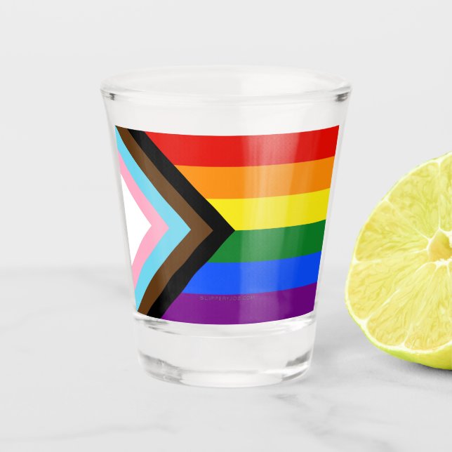 SlipperyJoe's Progress Pride Flag six classic hori Shot Glass (Front)