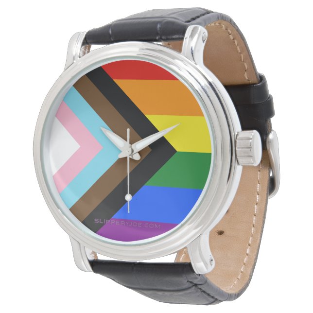 SlipperyJoe's Progress Pride Flag six classic hori Watch (Angled)