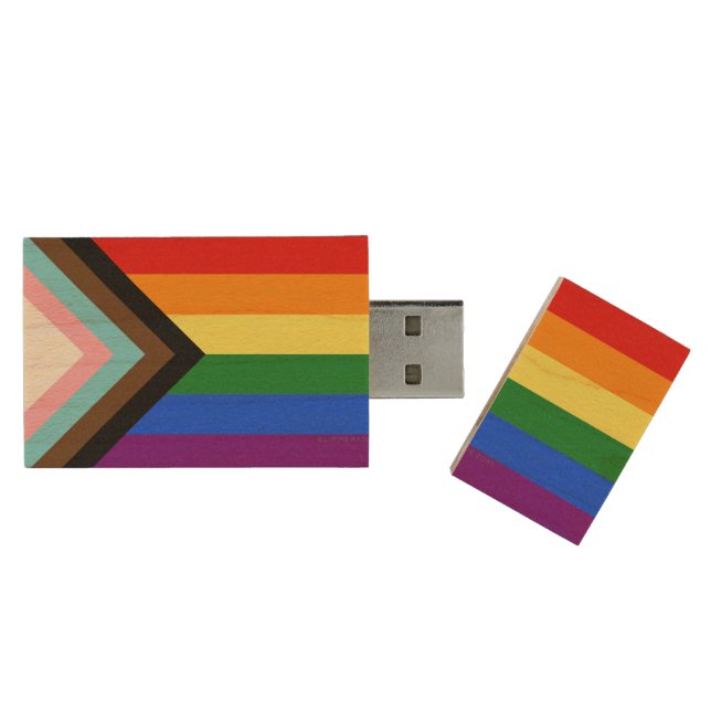 SlipperyJoe's Progress Pride Flag six classic hori Wood Flash Drive (Opened)