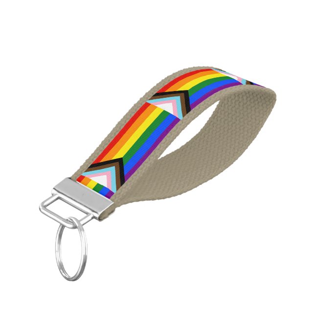 SlipperyJoe's Progress Pride Flag six classic hori Wrist Keychain (Angled Down)