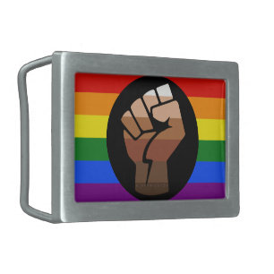 SlipperyJoe's queer people color flag raised fist  Belt Buckle