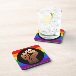 SlipperyJoe's queer people color flag raised fist Beverage Coaster