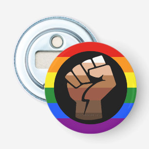 SlipperyJoe's queer people color flag raised fist Bottle Opener