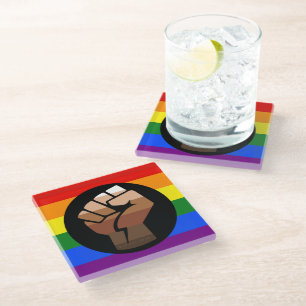 SlipperyJoe's queer people color flag raised fist  Glass Coaster