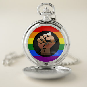 SlipperyJoe's queer people color flag raised fist Pocket Watch