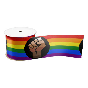 SlipperyJoe's queer people color flag raised fist Satin Ribbon