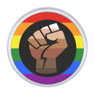 SlipperyJoe's queer people color flag raised fist  Silver Finish Lapel Pin