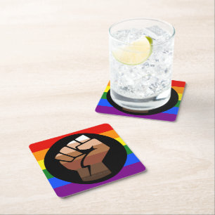 SlipperyJoe's queer people color flag raised fist  Square Paper Coaster