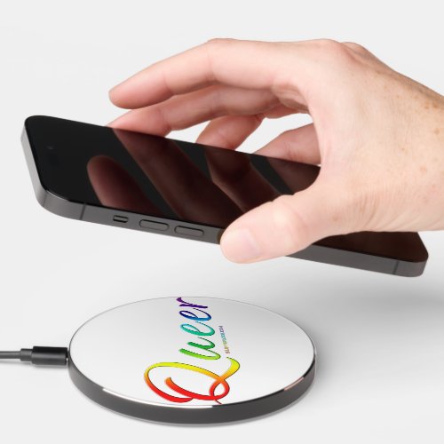 SlipperyJoes queer pride colors word proud symbol Wireless Charger