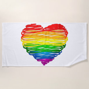 SlipperyJoe's rainbow colored heart scribbled swir Beach Towel