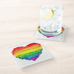SlipperyJoe's rainbow colored heart scribbled swir Glass Coaster
