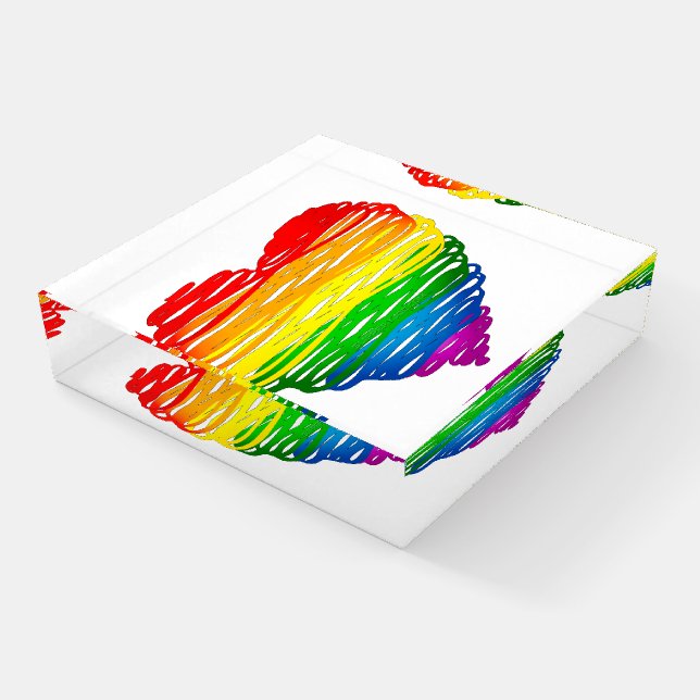 SlipperyJoe's rainbow colored heart scribbled swir Paperweight (Angled)