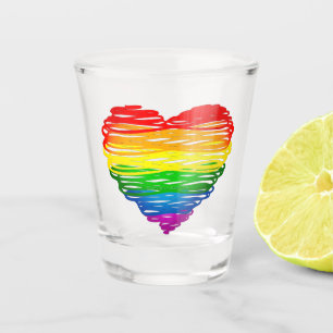 SlipperyJoe's rainbow colored heart scribbled swir Shot Glass