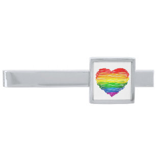 SlipperyJoe's rainbow colored heart scribbled swir Silver Finish Tie Bar