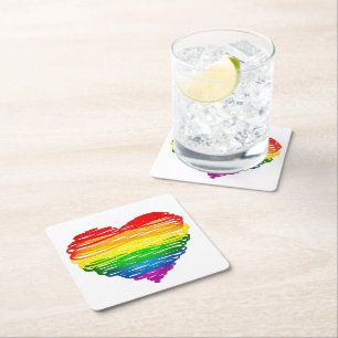 SlipperyJoe's rainbow colored heart scribbled swir Square Paper Coaster