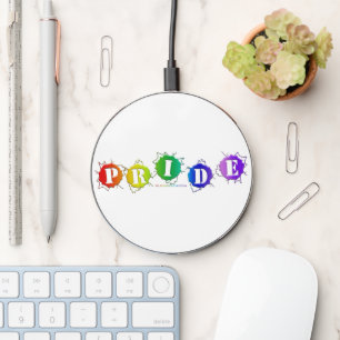 SlipperyJoe's rainbow colored pride sign word thre Wireless Charger