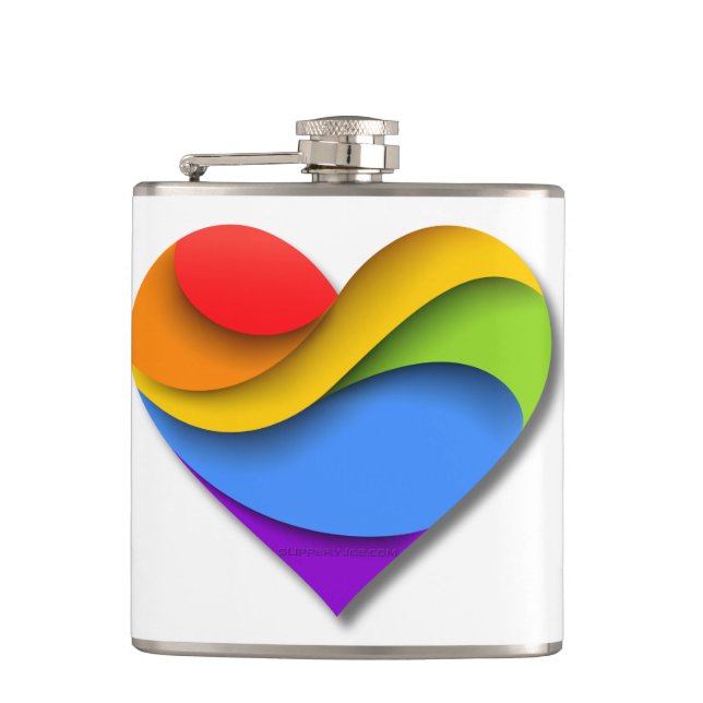 SlipperyJoe's rainbow layered heart shape red oran Flask (Front)