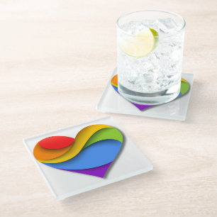 SlipperyJoe's rainbow layered heart shape red oran Glass Coaster