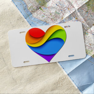 SlipperyJoe's rainbow layered heart shape red oran License Plate