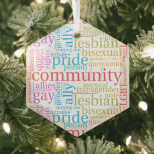 SlipperyJoe's rainbow LGBTQ+ community word cloud Glass Ornament