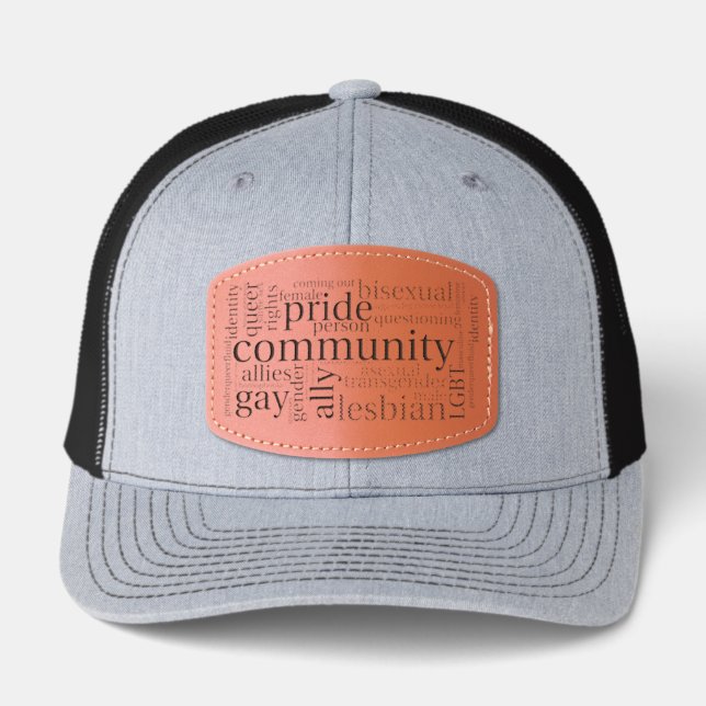SlipperyJoe's rainbow LGBTQ+ community word cloud  Leather Patch Hat (Front)