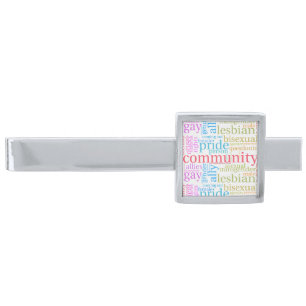 SlipperyJoe's rainbow LGBTQ+ community word cloud Silver Finish Tie Bar
