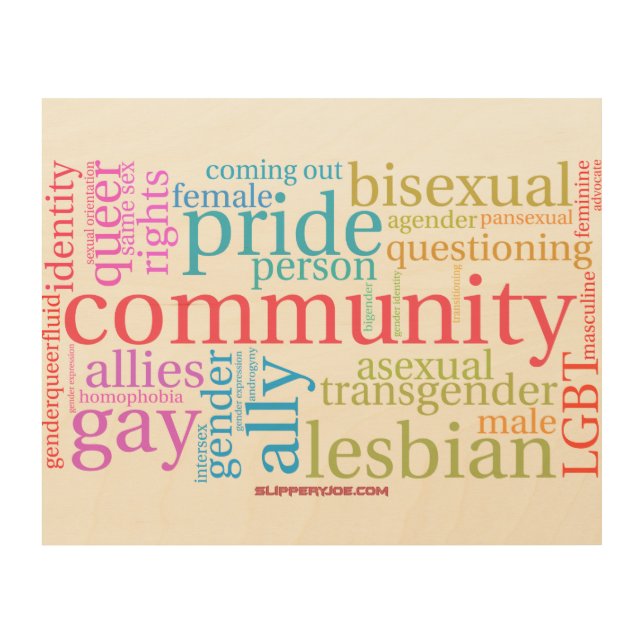 SlipperyJoe's rainbow LGBTQ+ community word cloud  Wood Wall Art (Front)