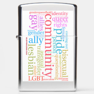 SlipperyJoe's rainbow LGBTQ+ community word cloud Zippo Lighter