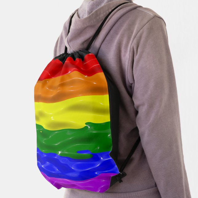 SlipperyJoe's rainbow pride colors glossy liquid t Drawstring Bag (Insitu)