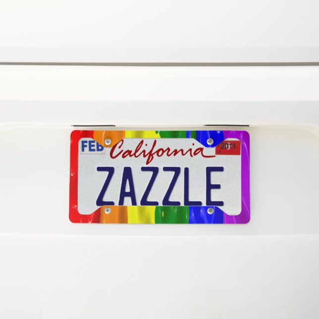 SlipperyJoe's rainbow pride colors glossy liquid t License Plate Frame (On Car)