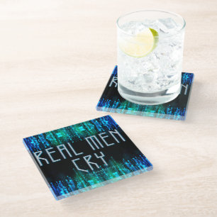 SlipperyJoe's real men cry tears black blue aqua s Glass Coaster