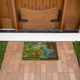 SlipperyJoe's rhinoceros lush tropical setting pri Fiber Doormat