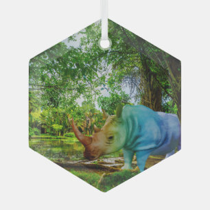 SlipperyJoe's rhinoceros lush tropical setting pri Glass Ornament
