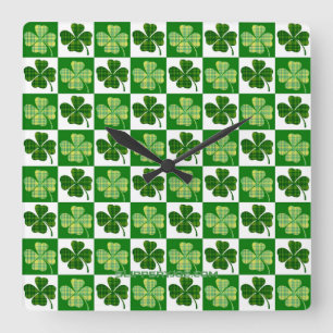 SlipperyJoe's Saint Patrick's Day four leaf clover Square Wall Clock