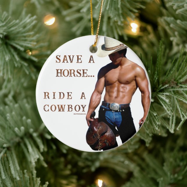 SlipperyJoe's save horse ride straw cowboy hat mus Ceramic Ornament (Tree)