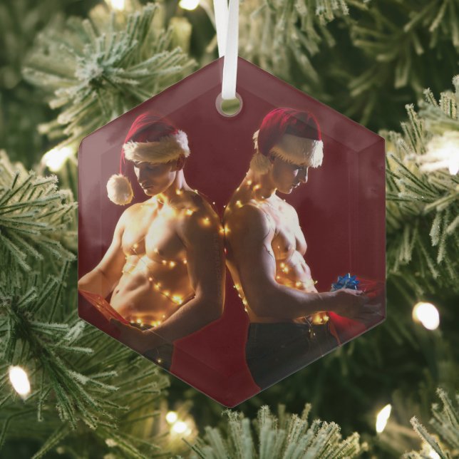 SlipperyJoe's shirtless men back-to-back Christmas Glass Ornament (Insitu)