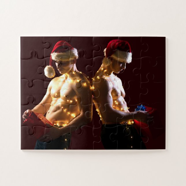 SlipperyJoe's shirtless men back-to-back Christmas Jigsaw Puzzle (Horizontal)