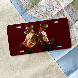 SlipperyJoe's shirtless men back-to-back Christmas License Plate