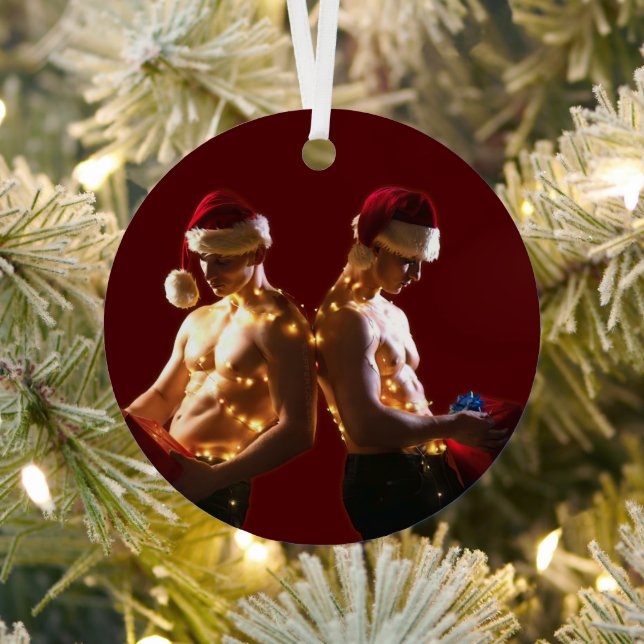 SlipperyJoe's shirtless men back-to-back Christmas Metal Ornament (Insitu)