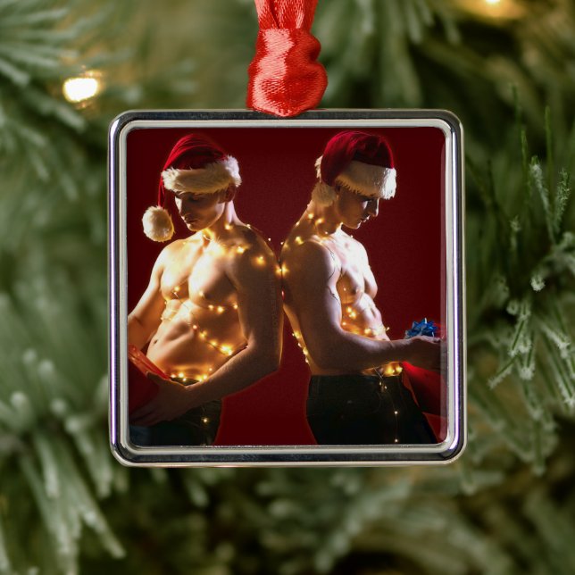 SlipperyJoe's shirtless men back-to-back Christmas Metal Ornament (Tree)