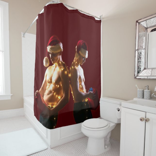 SlipperyJoe's shirtless men back-to-back Christmas Shower Curtain (In Situ)