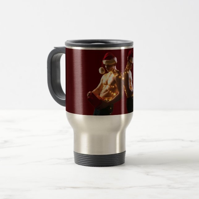 SlipperyJoe's shirtless men back-to-back Christmas Travel Mug (Front Left)
