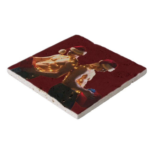 SlipperyJoe's shirtless men back-to-back Christmas Trivet (Corner)