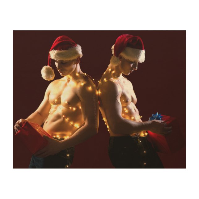 SlipperyJoe's shirtless men back-to-back Christmas Wood Wall Art (Front)
